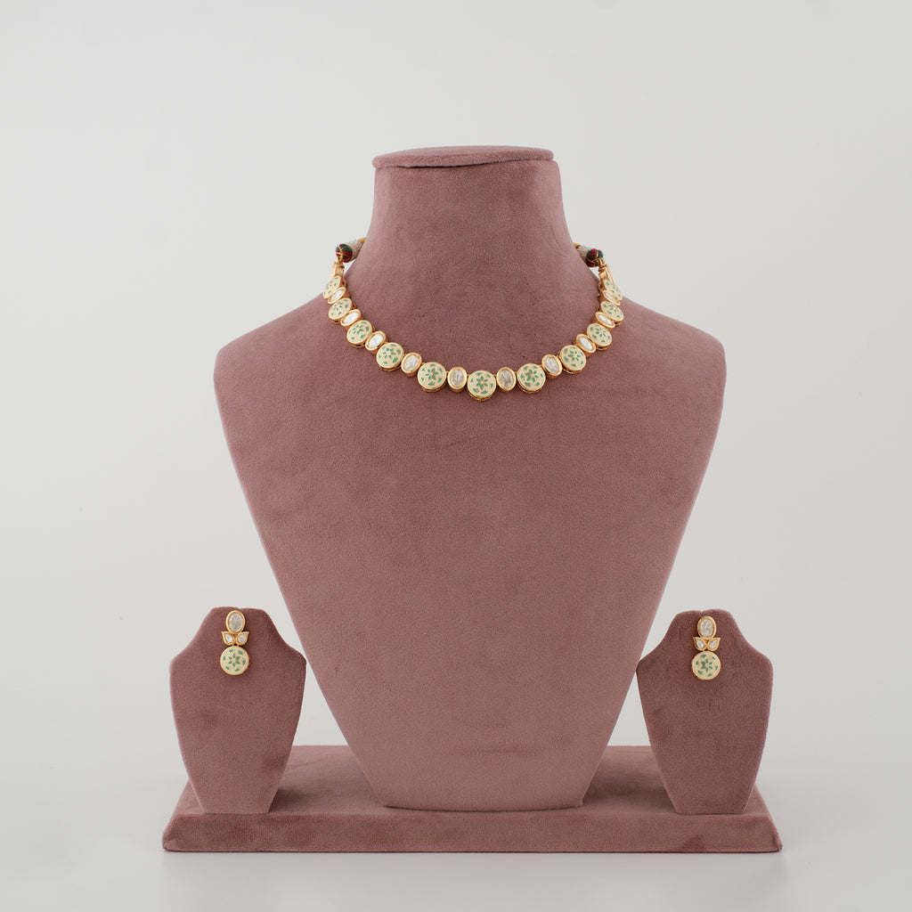 Mishka Mint Meenakari Diamond Choker Set front view