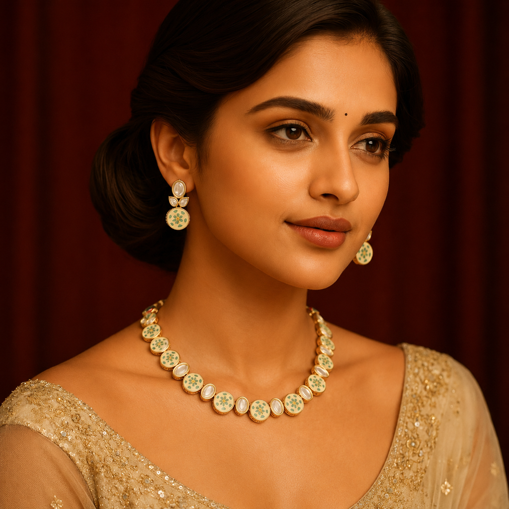 Traditional mint meenakari choker set styled on model