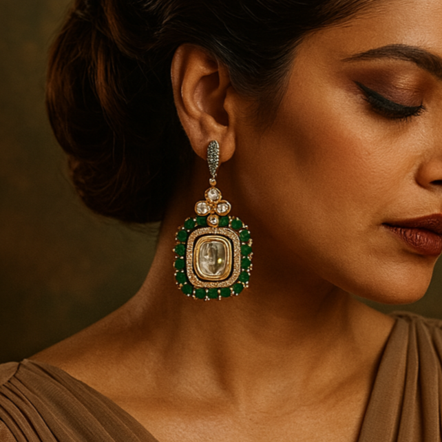 Woman wearing a pair of ornate earrings with a brown background