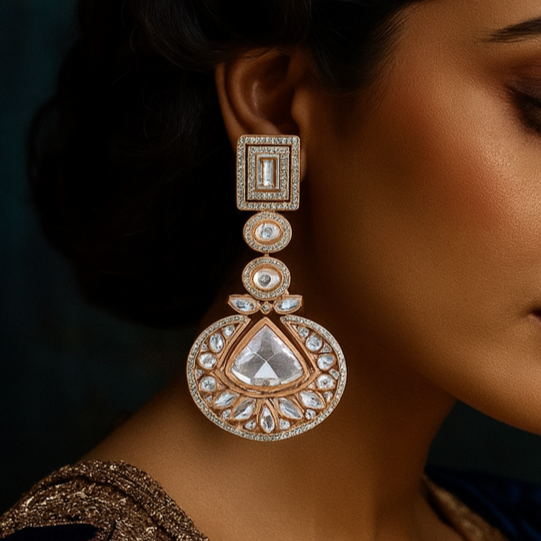 Woman wearing a large, ornate earring against a dark background