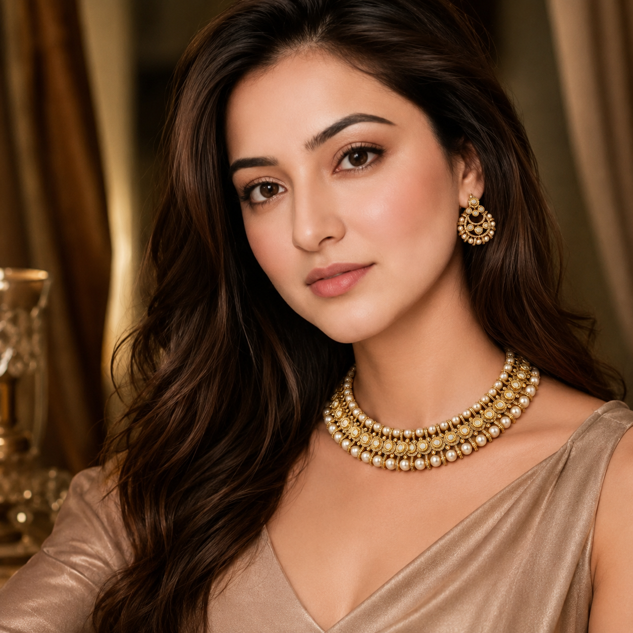 Motiyaara traditional white moti choker with diamond-look stones worn by a model