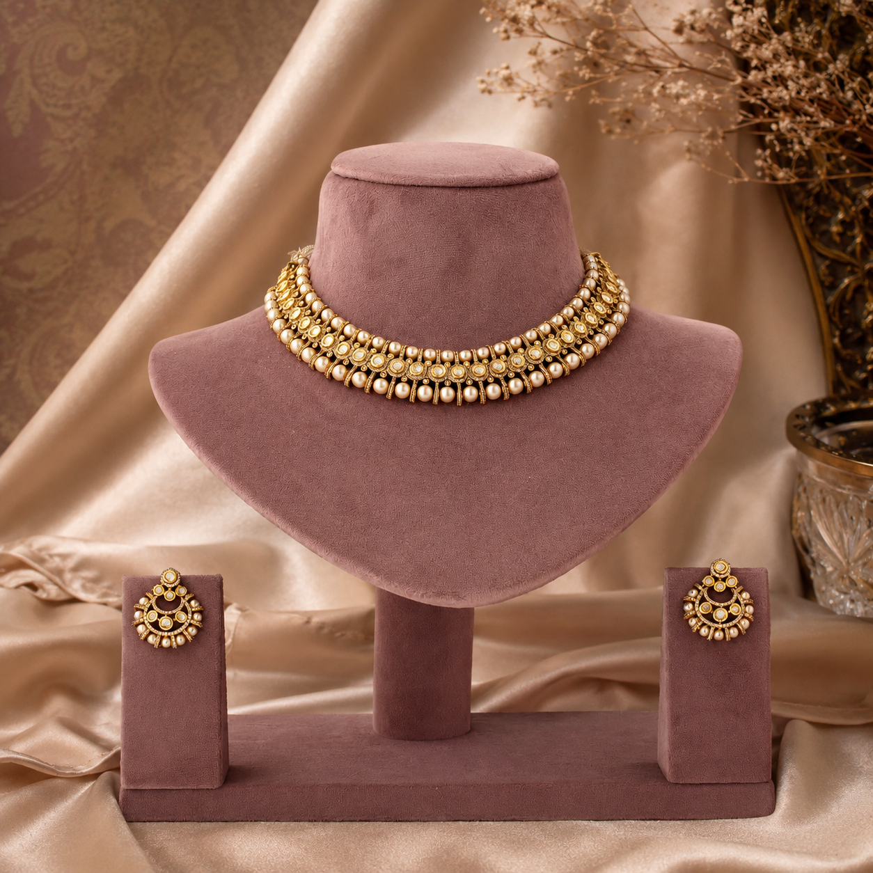 Motiyaara gold-tone moti and diamond-look choker set displayed with chandbali earrings