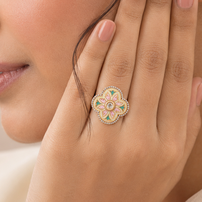 Myra pink and green floral designer ring styled with a traditional outfit