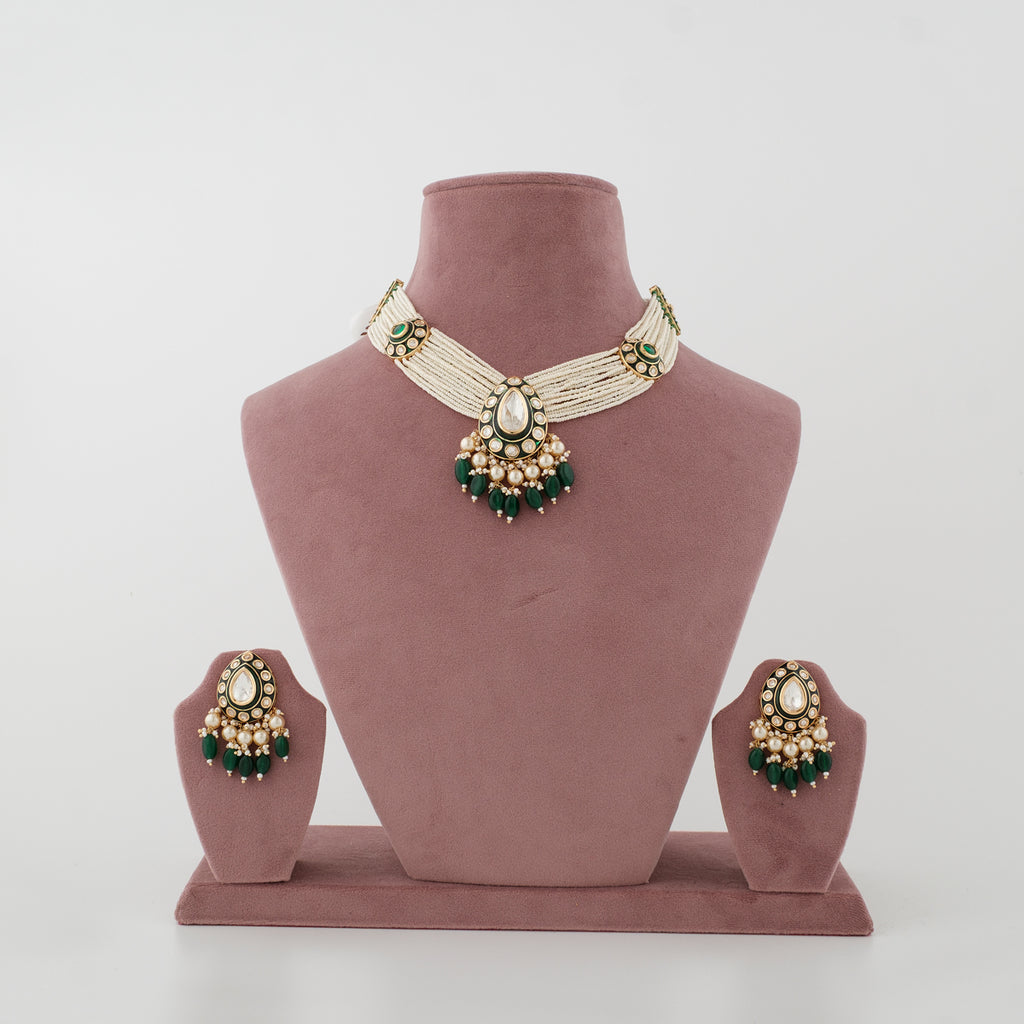 Navira emerald-green artificial bead choker set with matching earrings