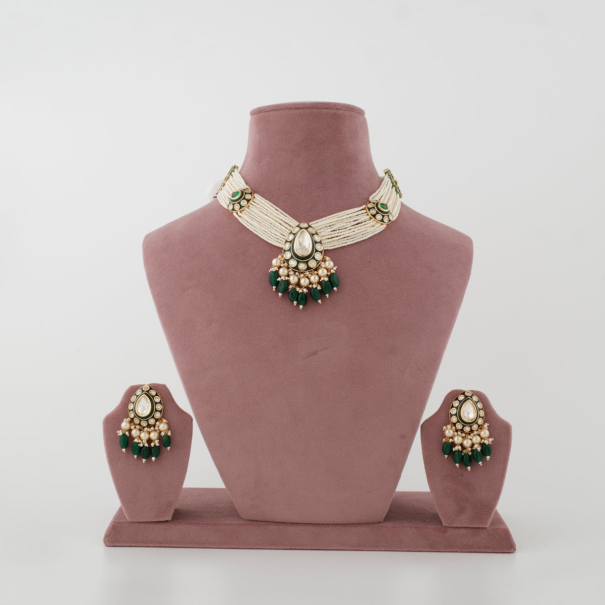 Navira emerald-green artificial bead choker set with matching earrings