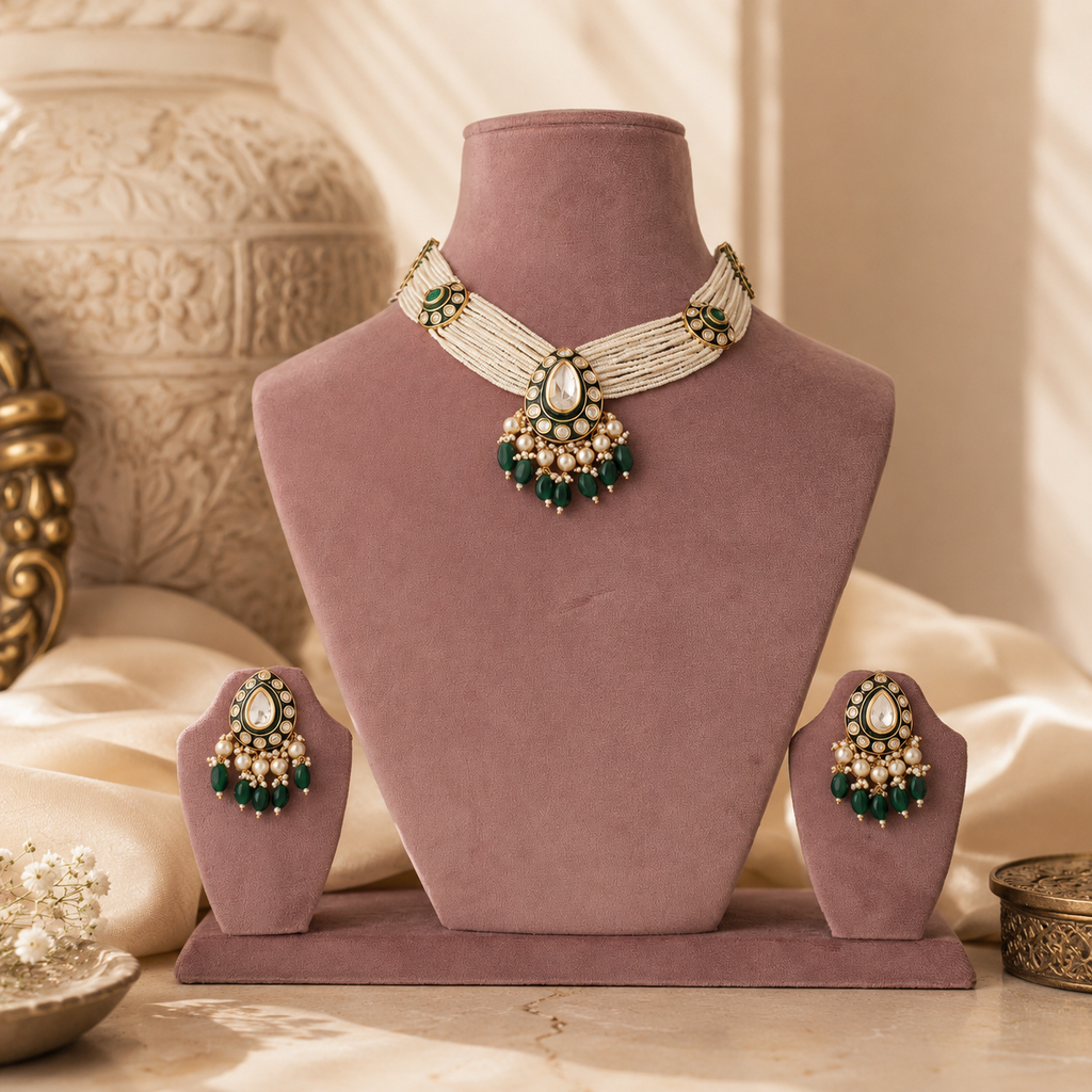 Ivory bead imitation choker set with green drops and pearl-look detailing