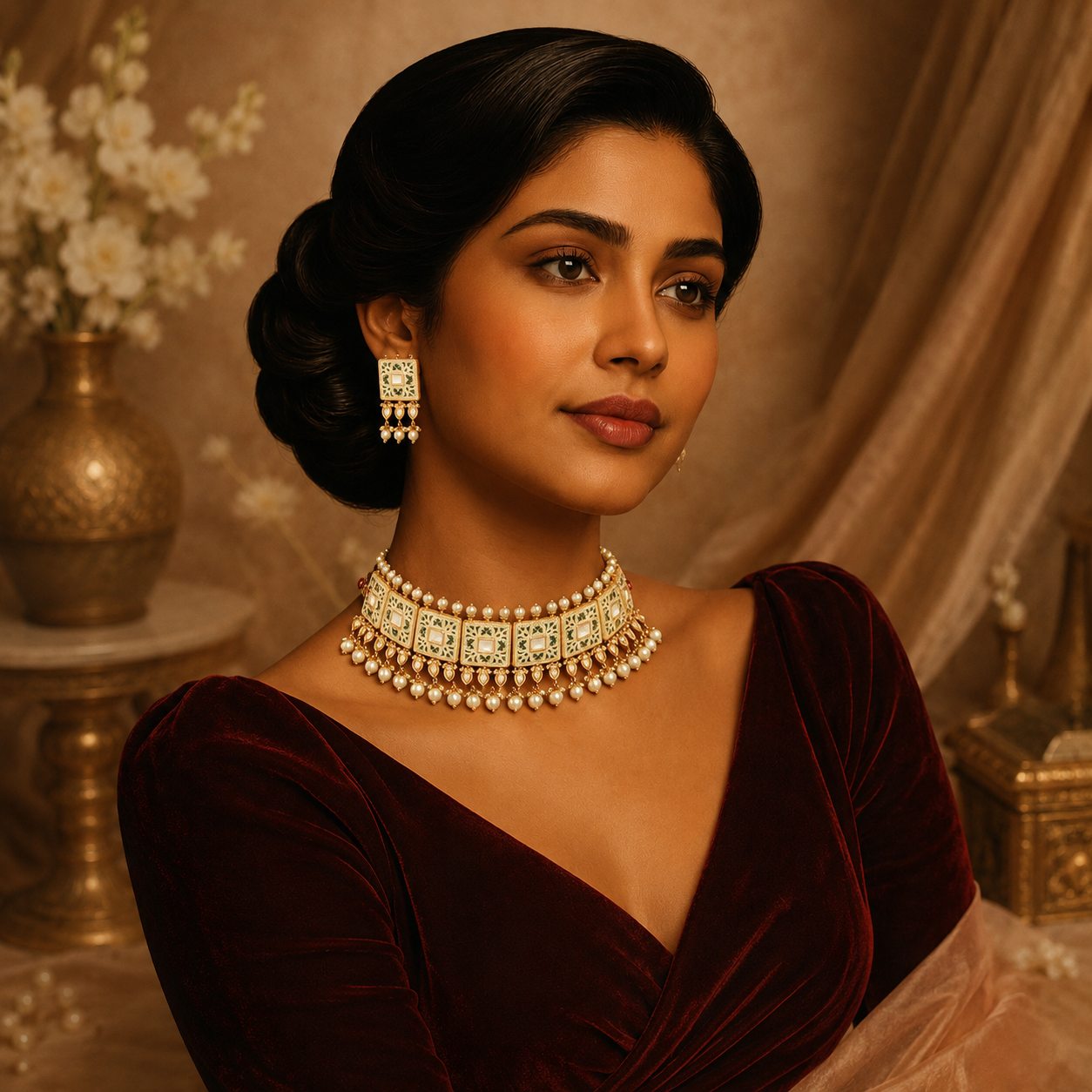 Model wearing Navisha ivory green choker necklace set with statement earrings