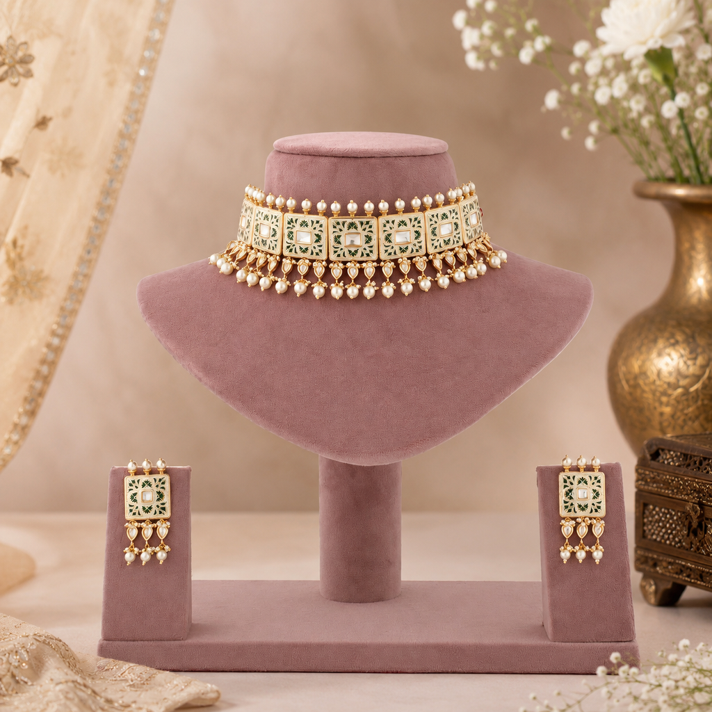 Ivory and green imitation choker set with square panels and pearl-look detailing