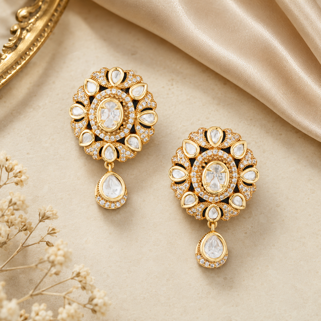 Navya Kundan floral drop earrings displayed on ivory stone with champagne silk and dried flowers