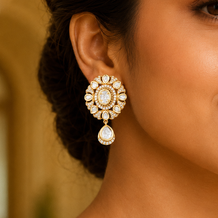 Model wearing a Navya gold-finish Kundan floral earring with a clear teardrop dangle