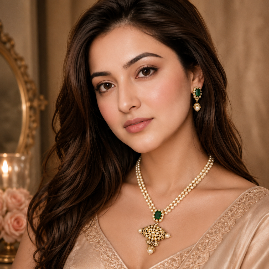 Model wearing Nayab emerald-green artificial necklace set with matching earrings