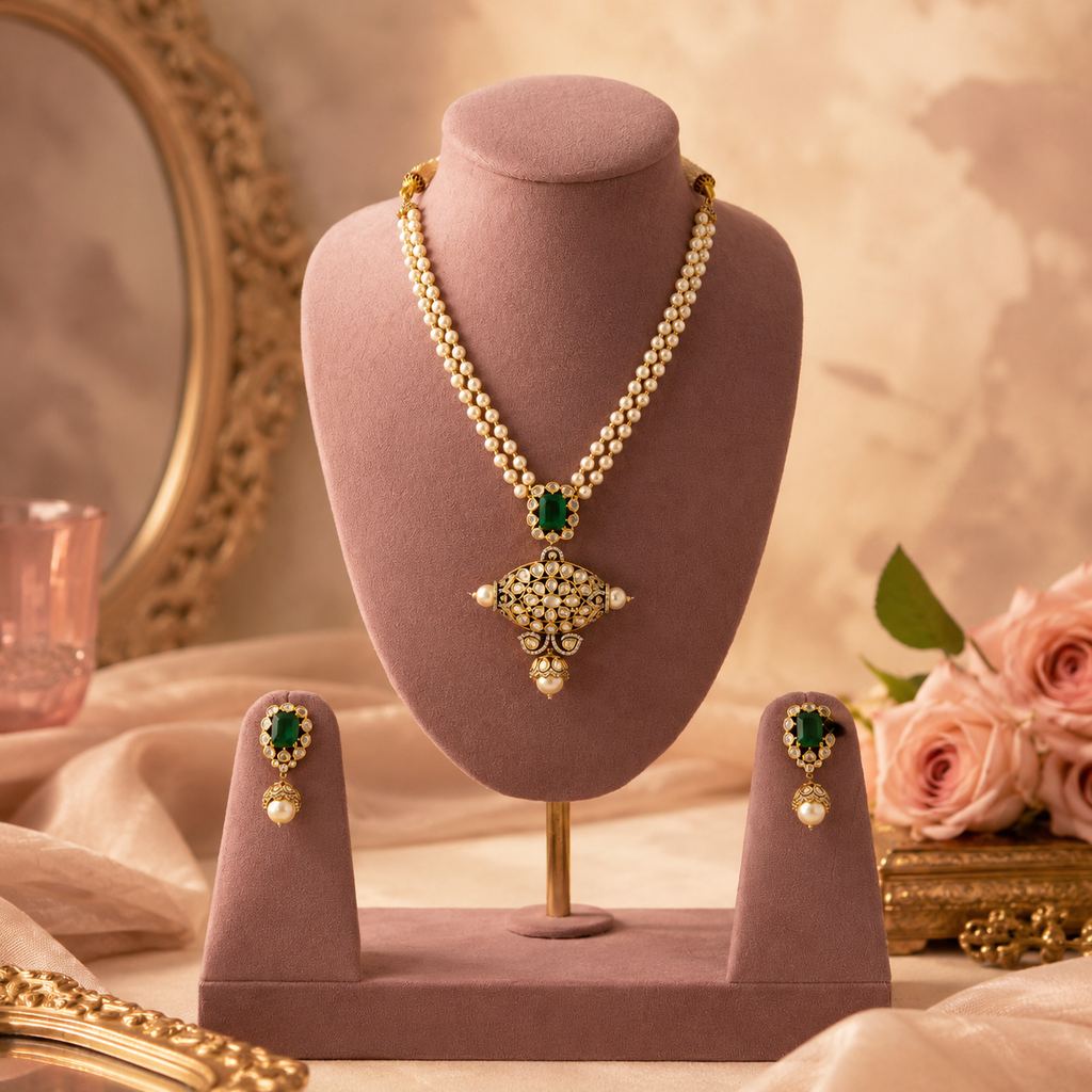 Emerald-green imitation necklace set with statement pendant and pearl-look drops