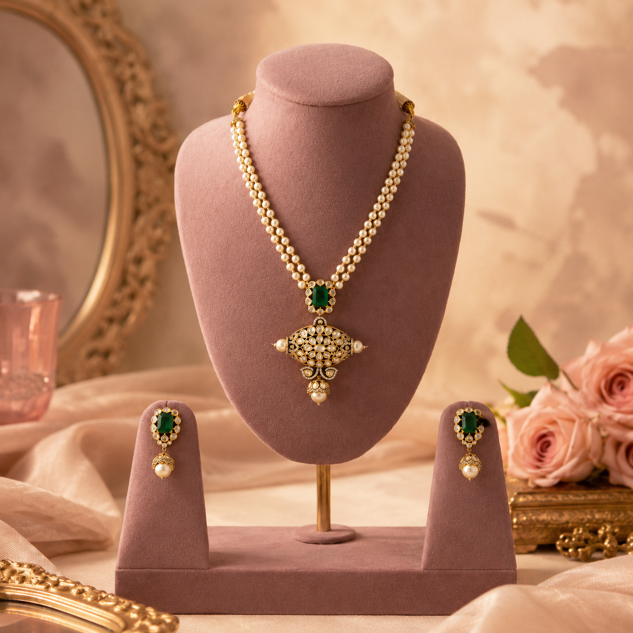 Emerald-green imitation necklace set with statement pendant and pearl-look drops