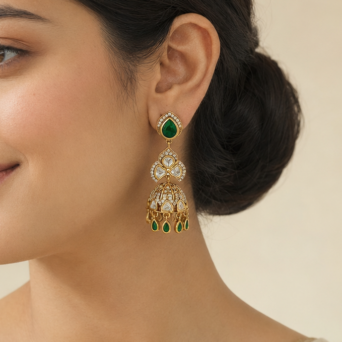Indian model wearing Nayra gold polki-look floral jhumka earring with emerald accents