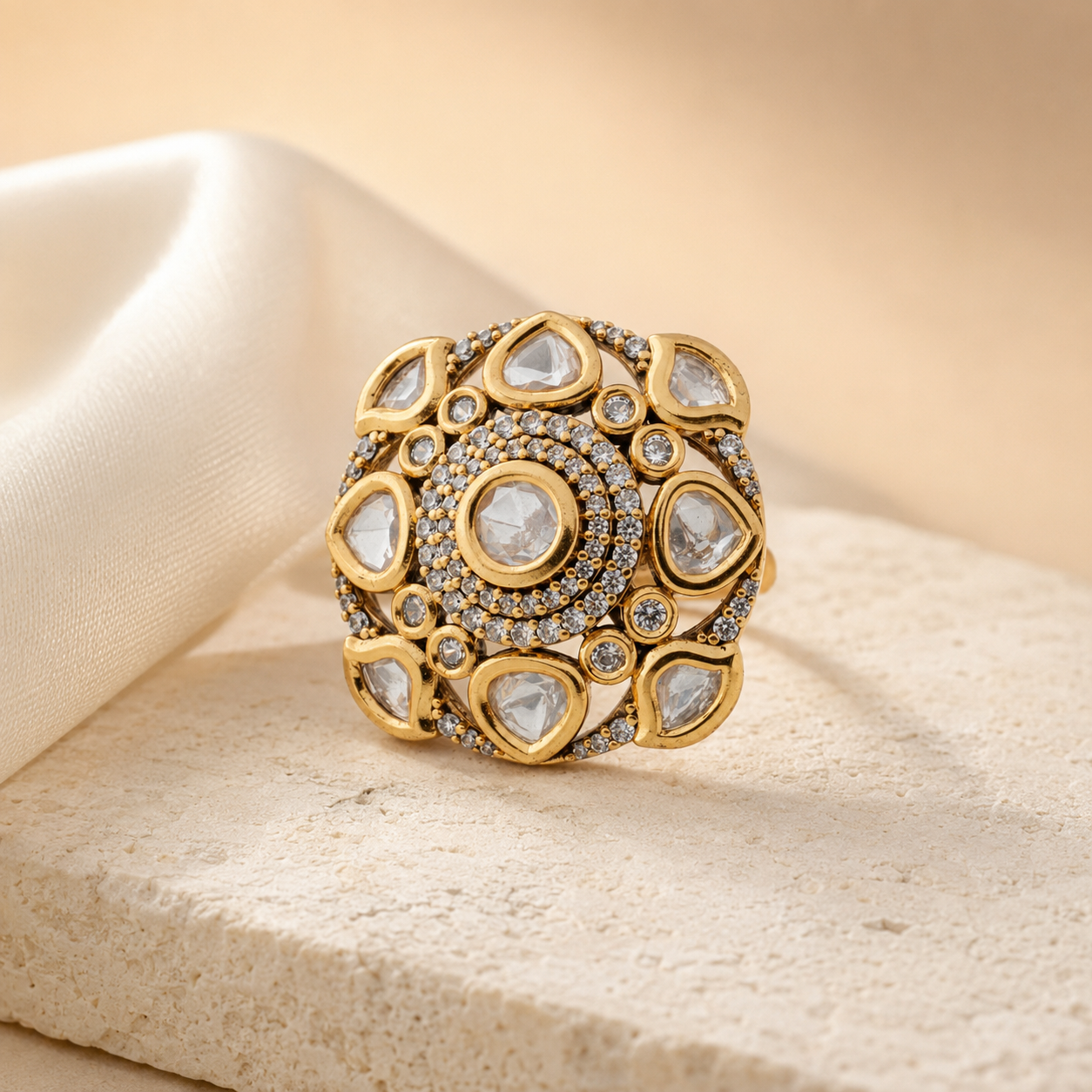 Gold-finish Kundan-look statement ring displayed on an elegant neutral background