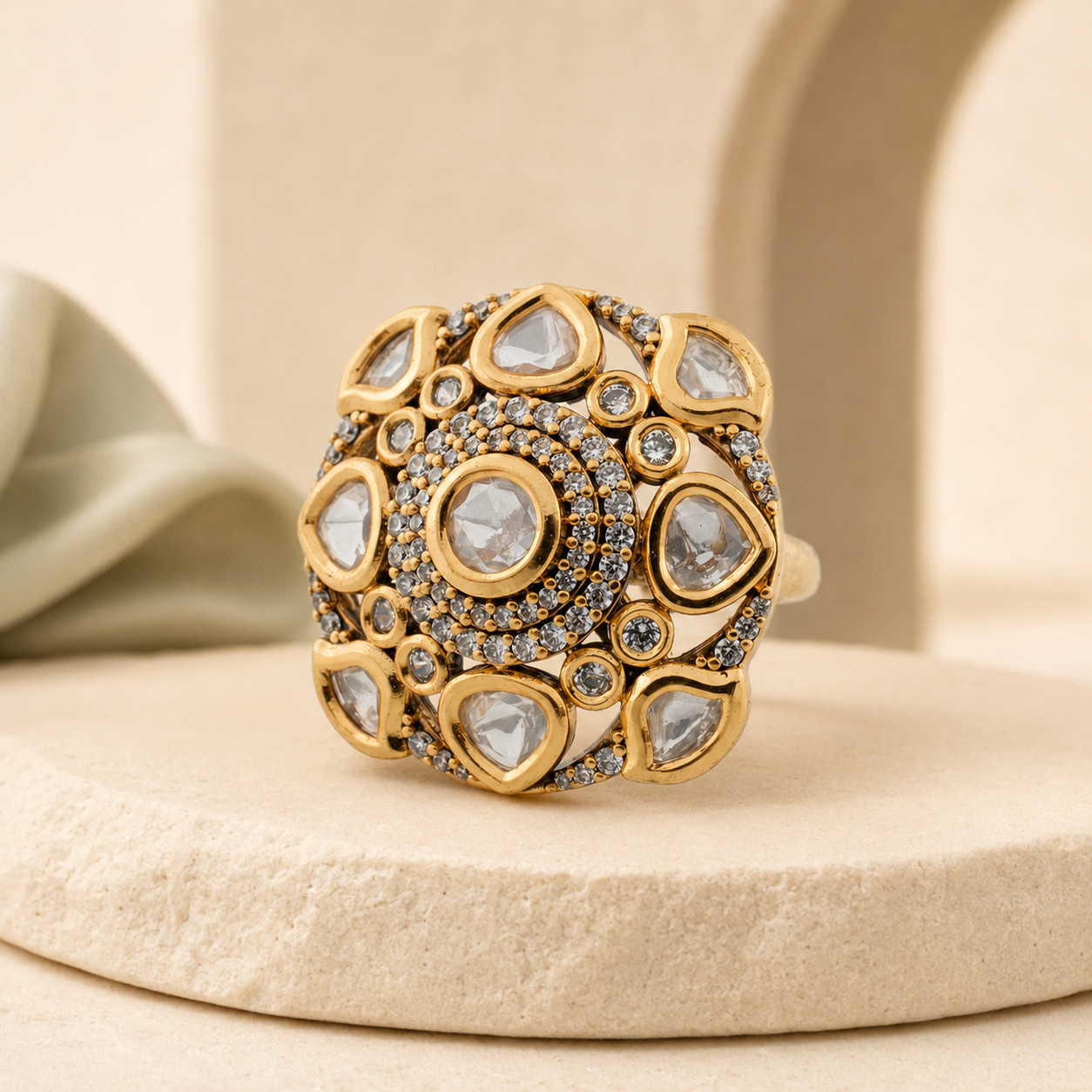 Nayra white-stone cocktail ring on a luxury product background