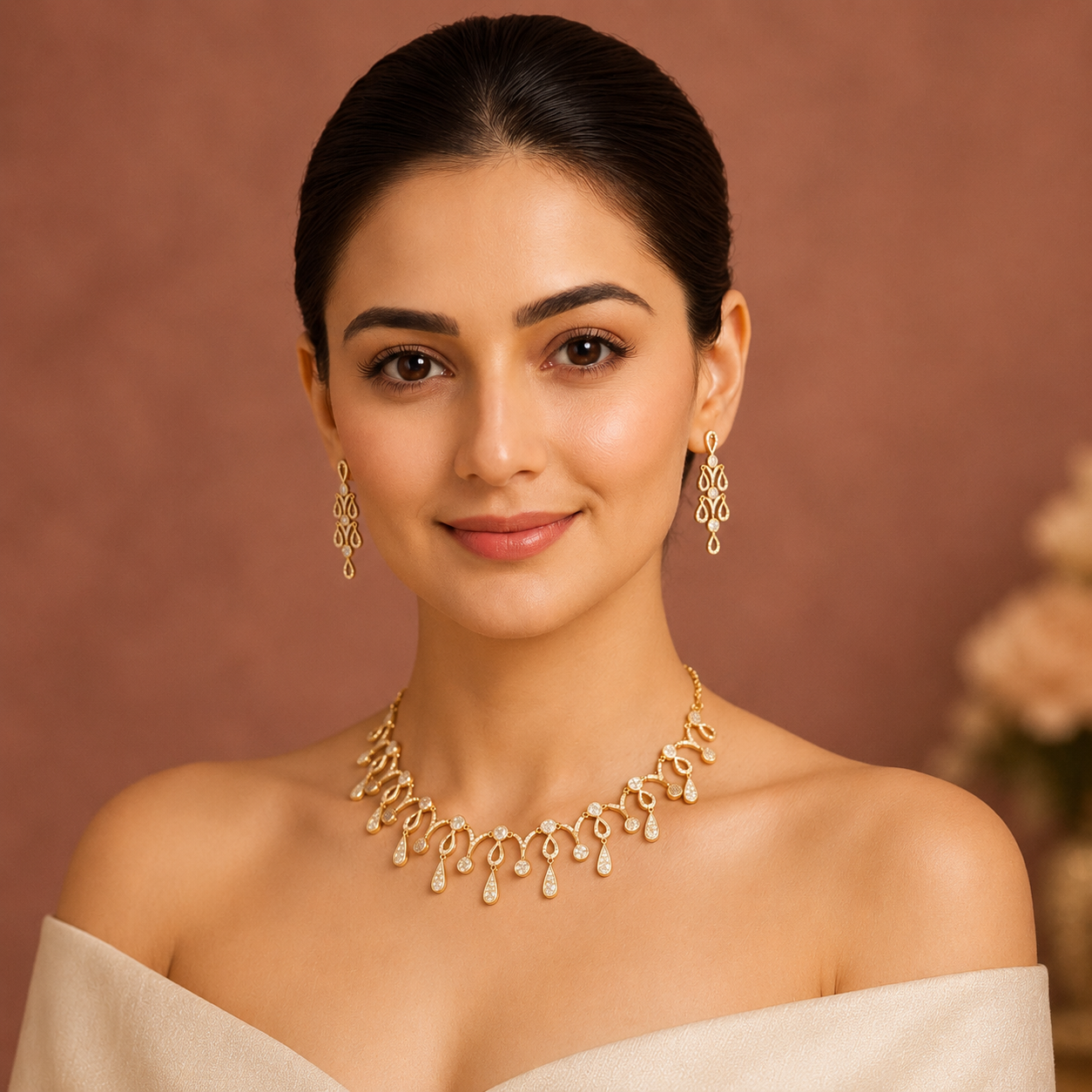 Noorika Diamond Droplet Necklace Set on model with matching earrings