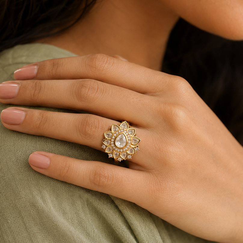 Woman wearing the Padma gold-finish Kundan-look floral ring