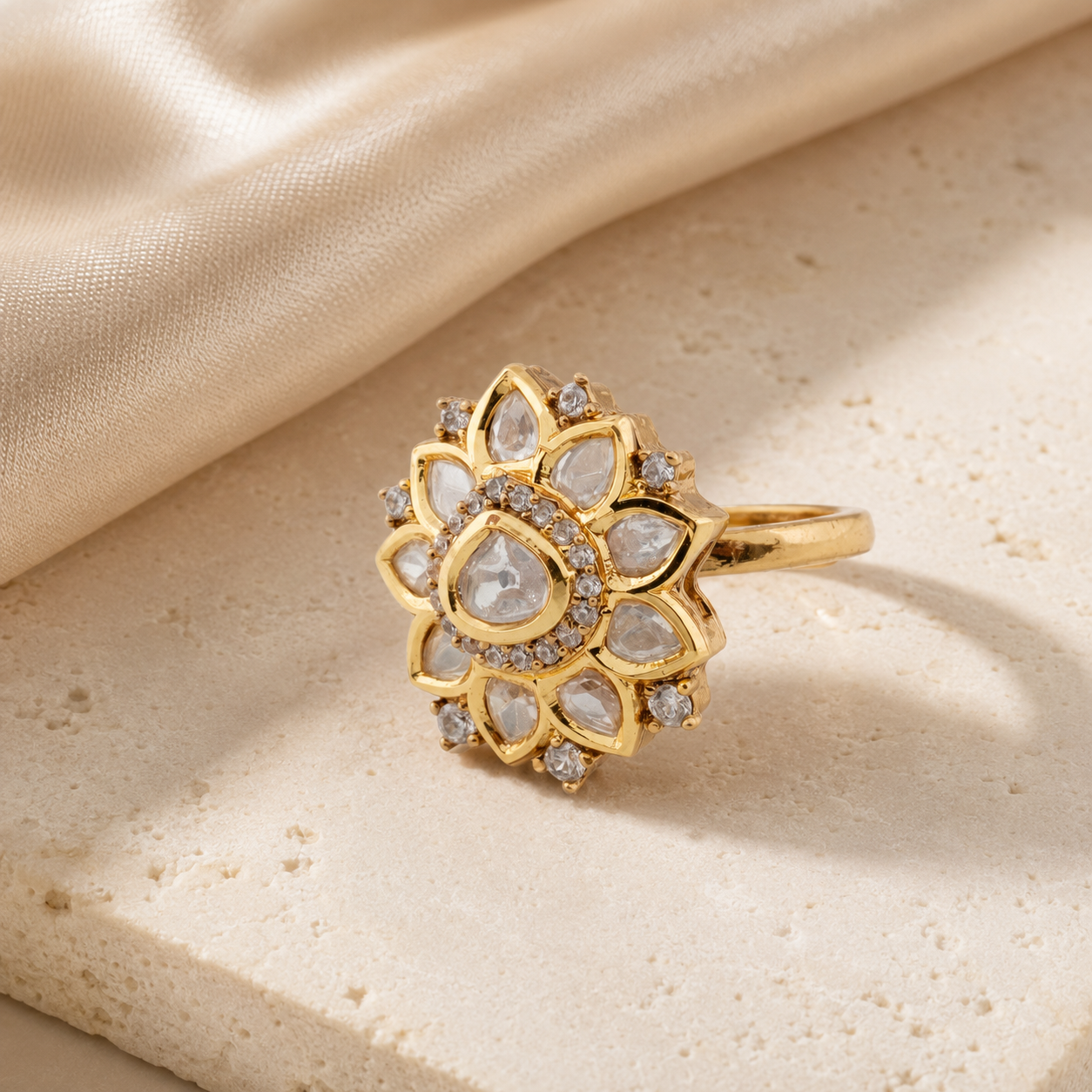 Padma white-stone cocktail ring on an elegant neutral background