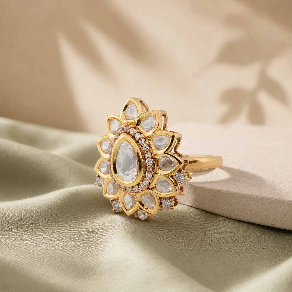 Gold-finish floral Kundan-look ring displayed with sage-green fabric