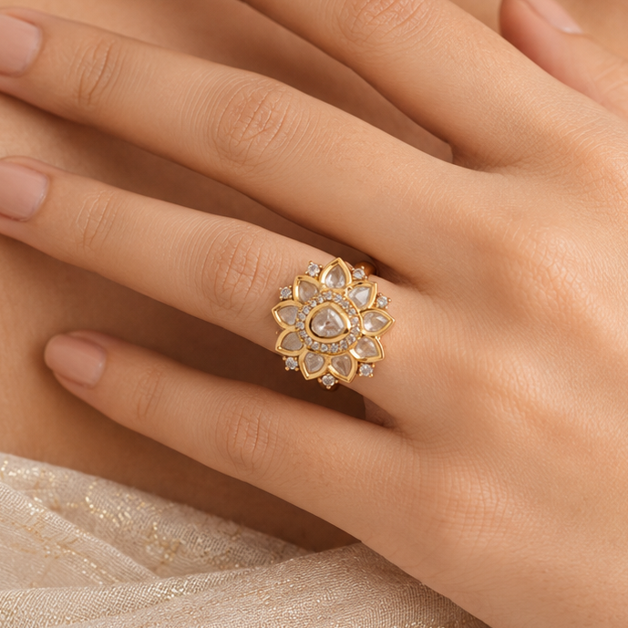 Padma white-stone statement ring styled on a woman’s hand