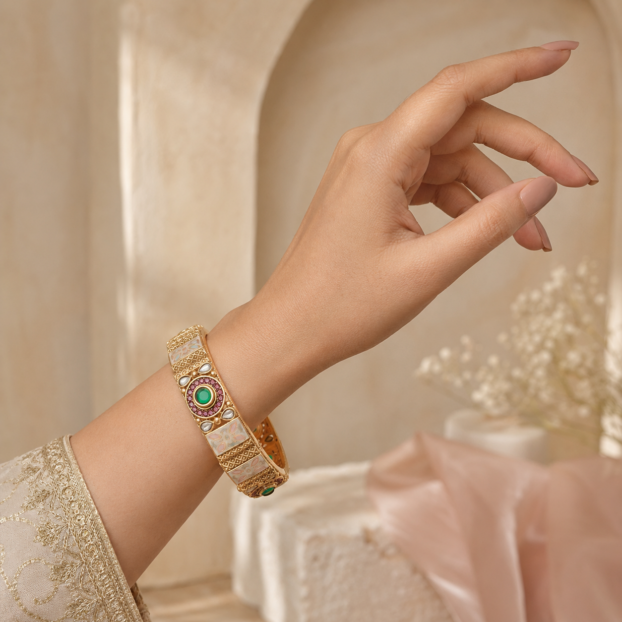 Woman wearing Padmika gold Meenakari Kundan-style kada bangle
