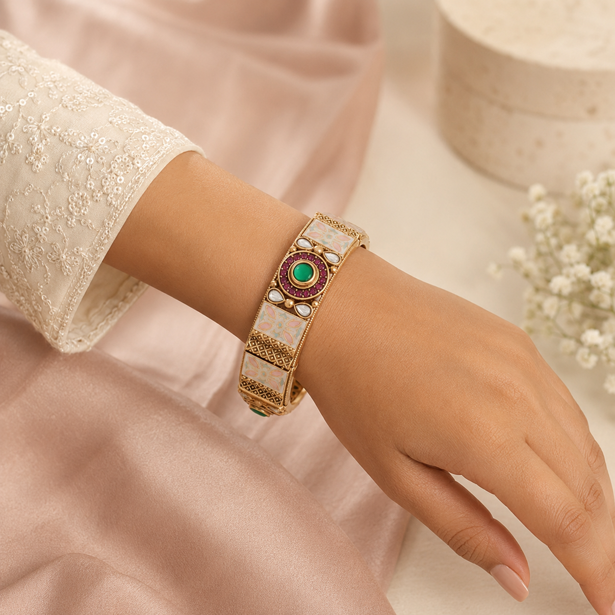 Meenakari Kundan-style kada bangle worn on a model’s wrist