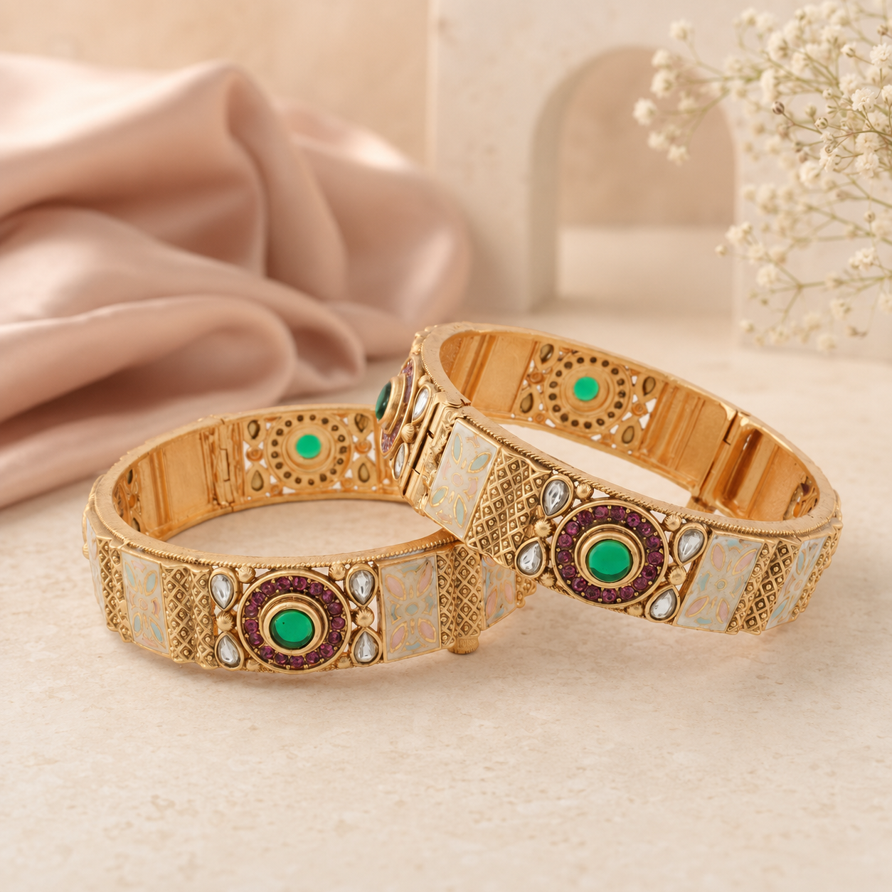 Padmika gold-finish Meenakari Kundan kada bangle set front view