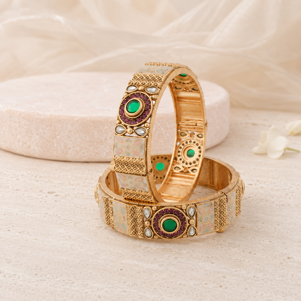 Gold Meenakari Kundan-style kada bangles upright view