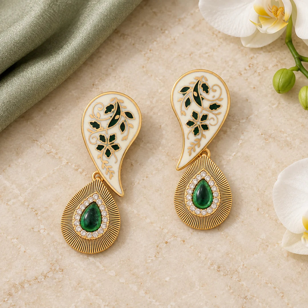 Pallavi Ivory & Green Paisley Earrings