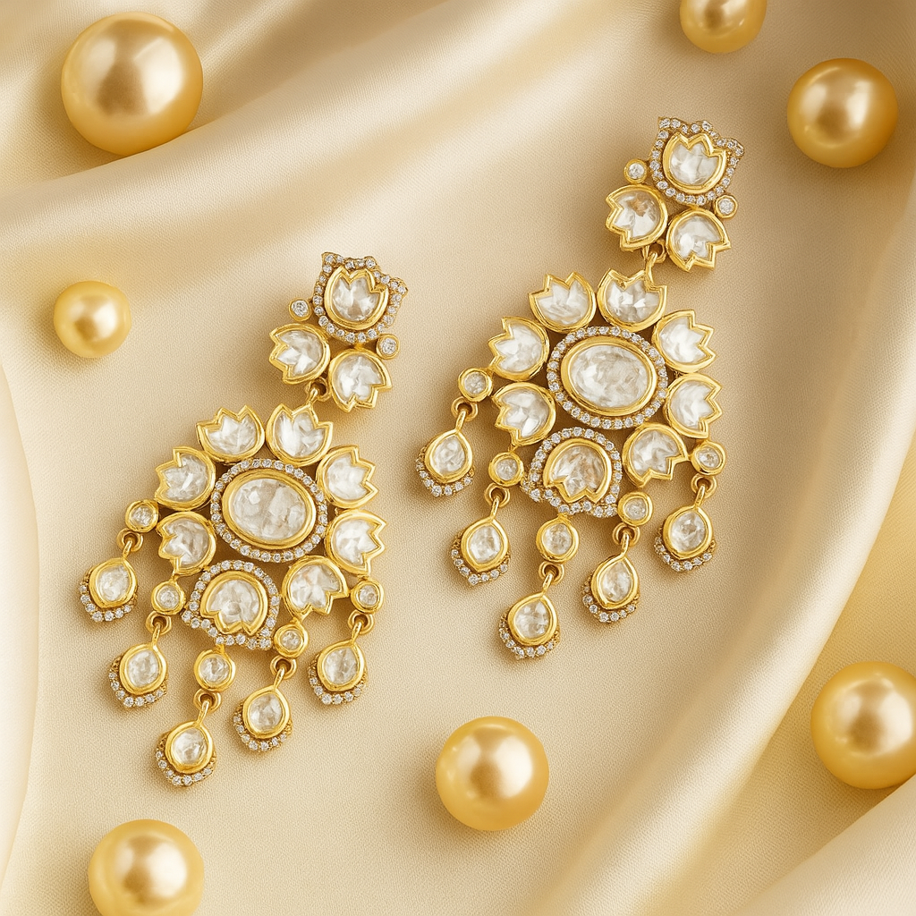 Gold and pearl earrings on a beige fabric background