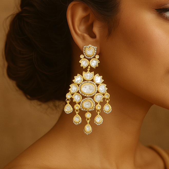 Woman wearing elaborate gold earrings against a warm brown background