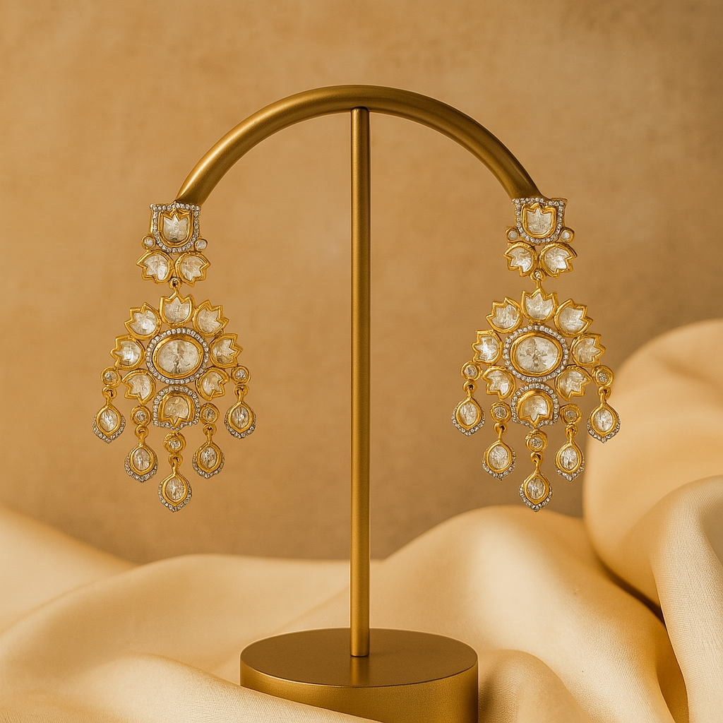 Ornate gold earrings on a gold stand against a beige background