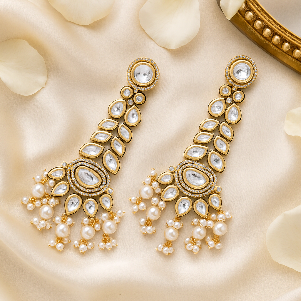 Pair of gold and pearl earrings on a soft beige background