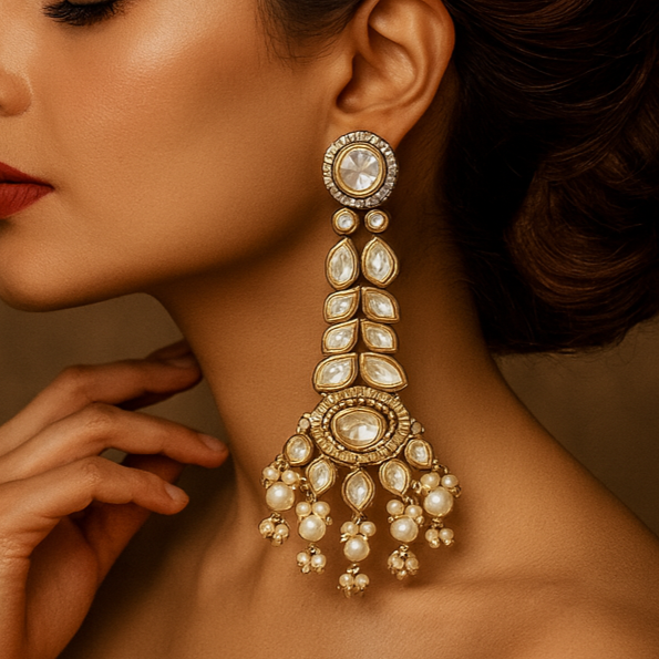 Woman wearing a pair of ornate earrings against a brown background