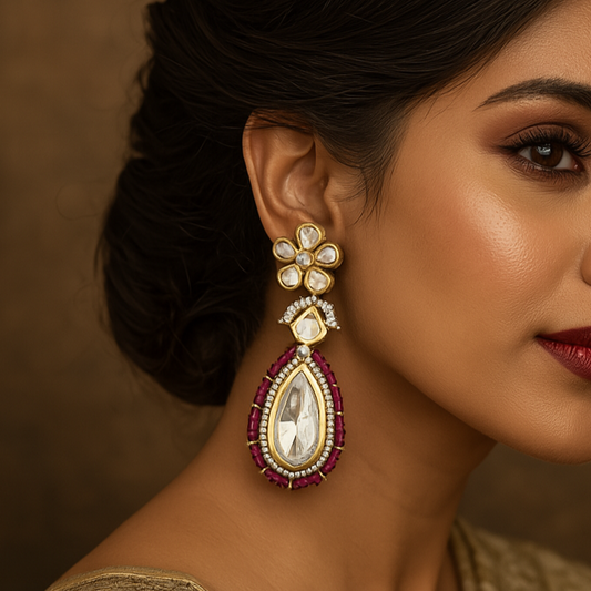 Woman wearing a pair of ornate earrings against a brown background