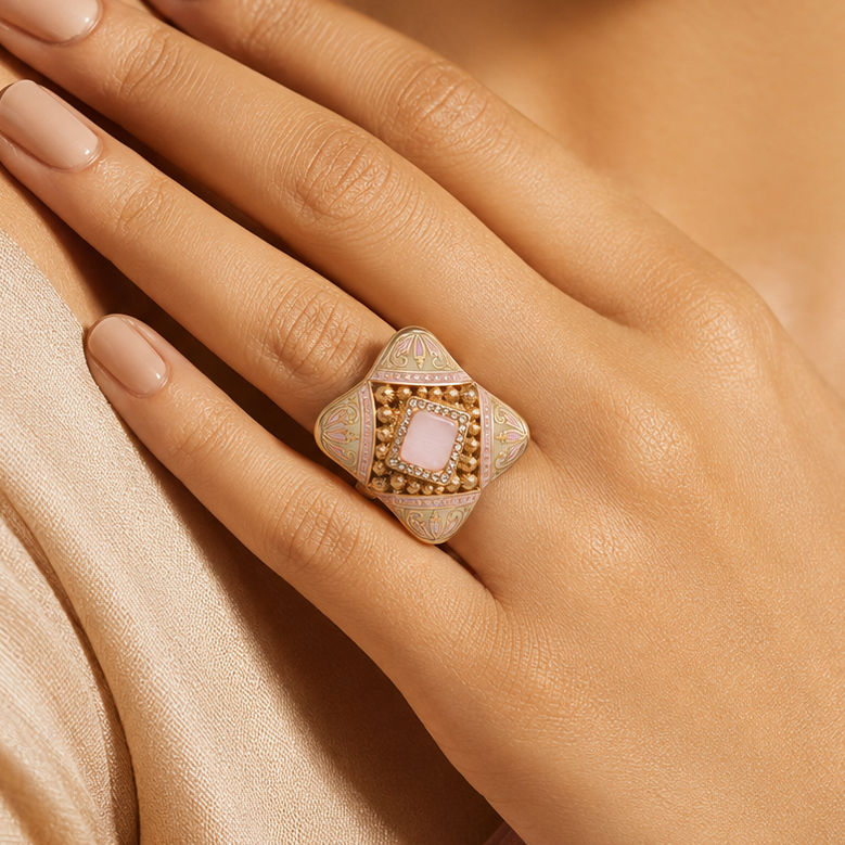 Prisha designer pink Meenakari finger ring styled on a woman’s hand