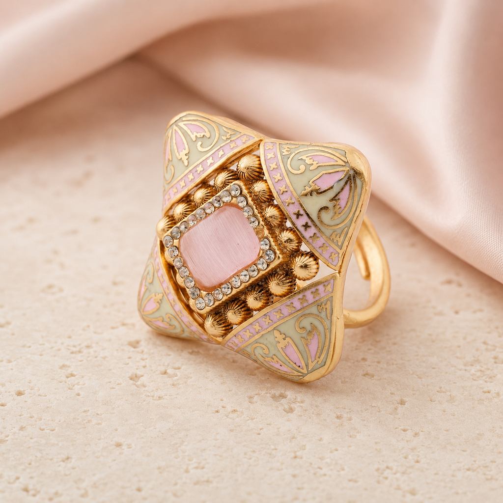 Prisha geometric statement ring with square pink centre and clear accents
