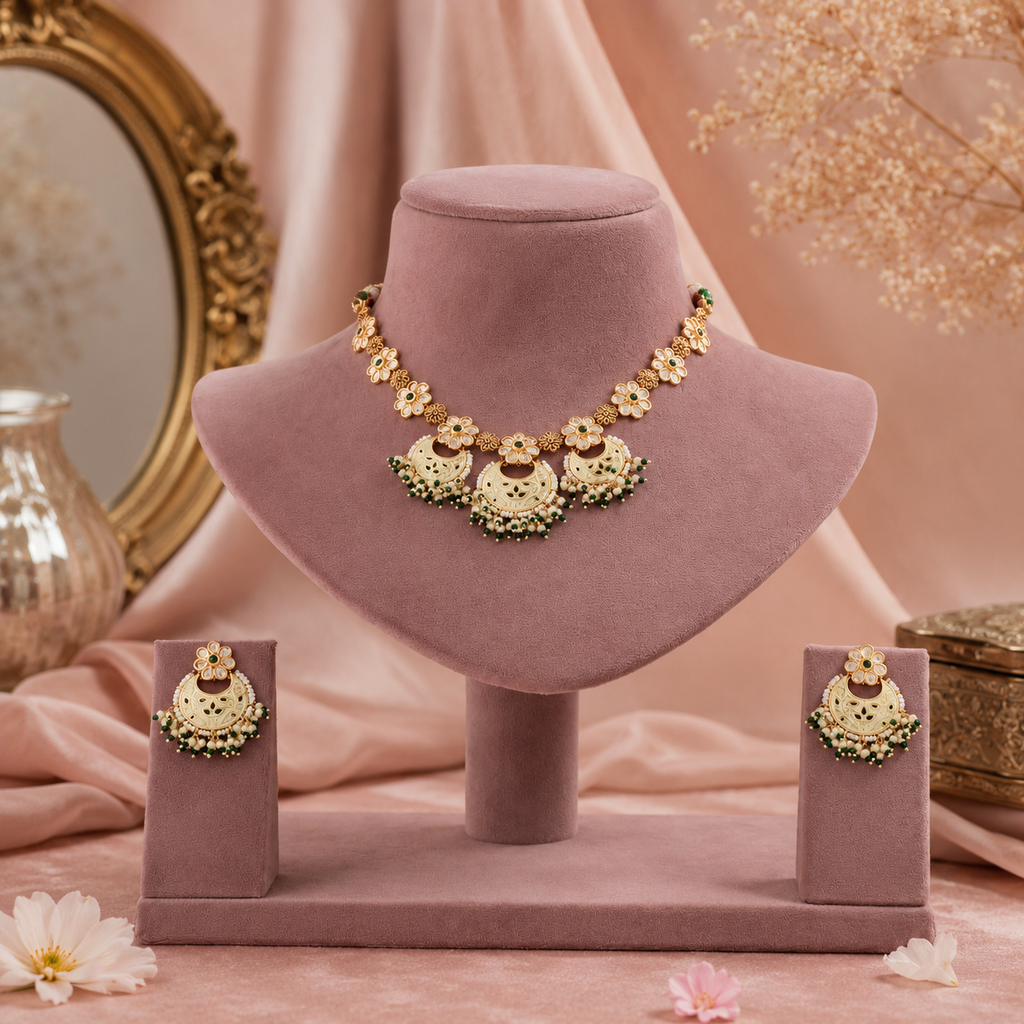 Pushpika Green Meenakari Pearl Necklace Set with matching earrings