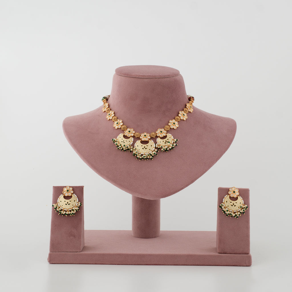 Pushpika Green Meenakari Pearl Necklace Set front view