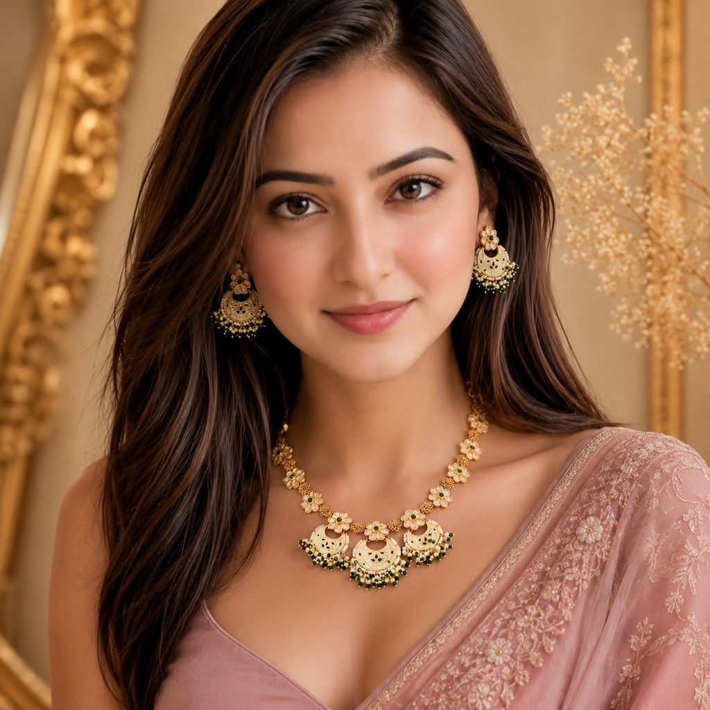 Pushpika Green Meenakari Pearl Necklace Set on model