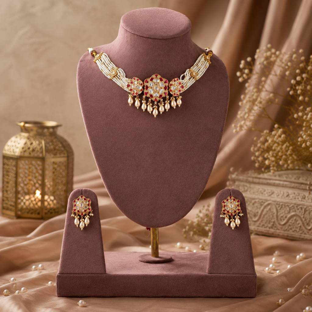 Raina Red Meenakari Pearl Choker Set with matching earrings