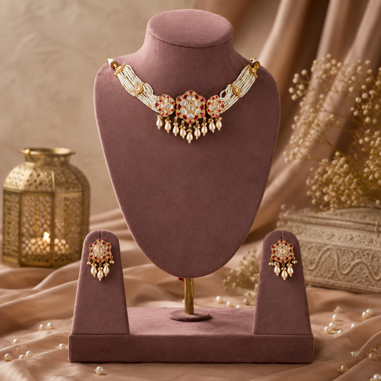 Raina Red Meenakari Pearl Choker Set with matching earrings