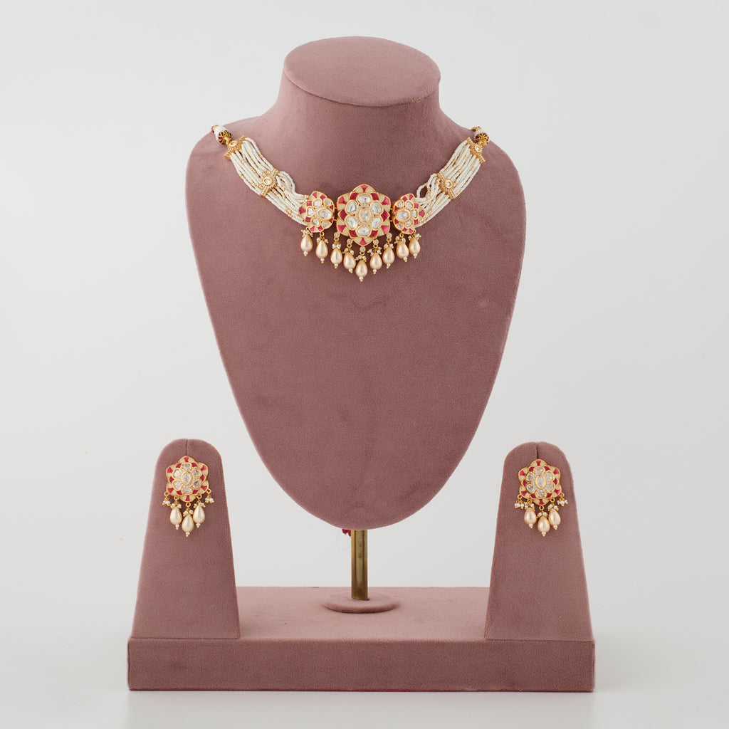 Raina Red Meenakari Pearl Choker Necklace Set front view