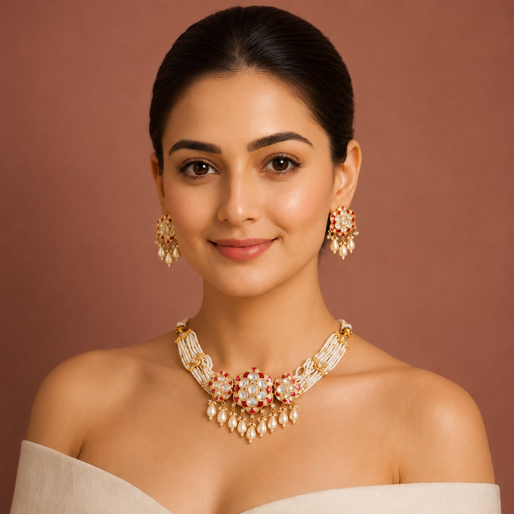 Raina Red Meenakari Pearl Choker Necklace Set on model