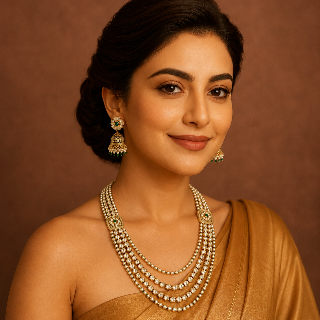 Rajvalli Diamond Multi Strand Long Necklace Set on model