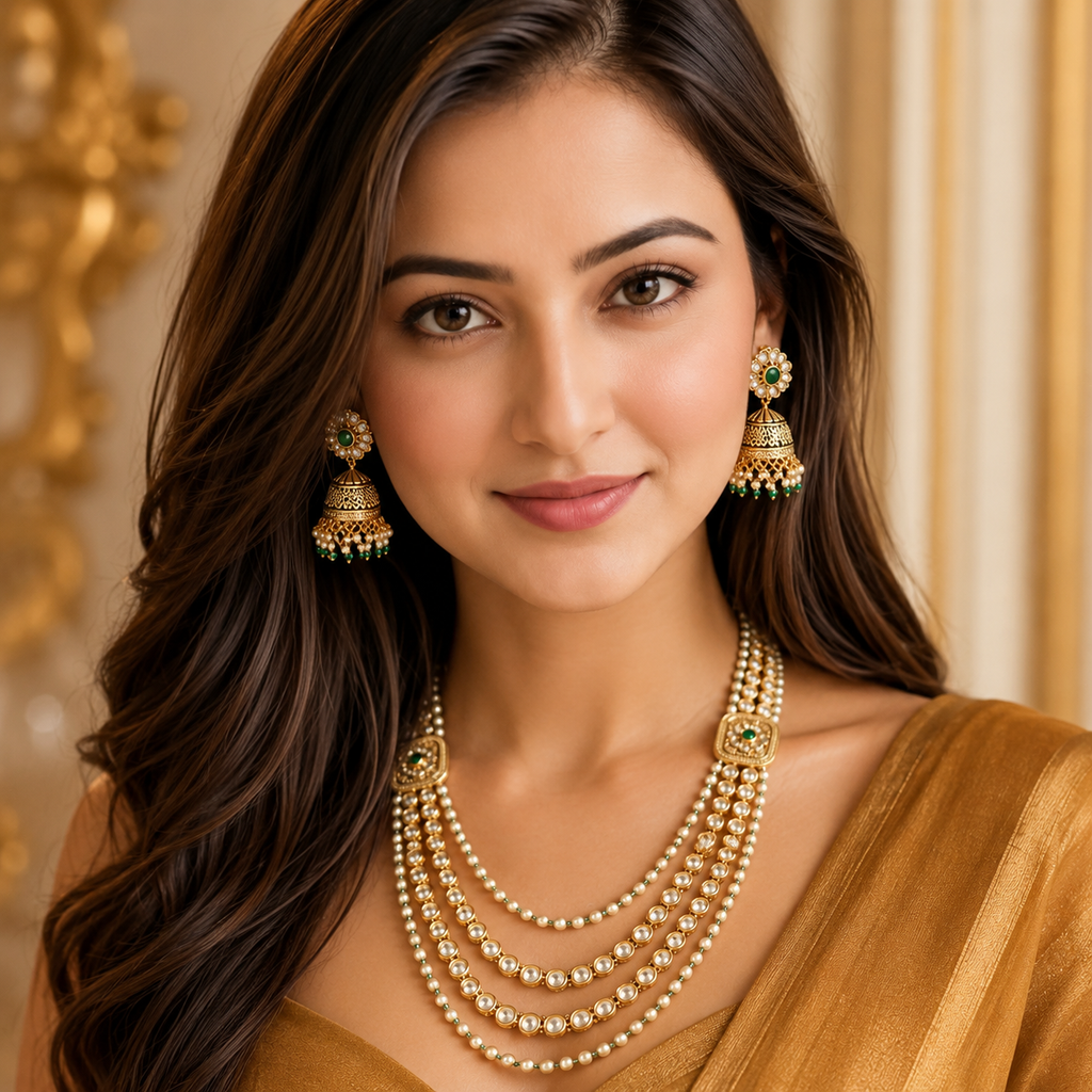Rajvalli Diamond Multi Strand Long Necklace Set with jhumka earrings