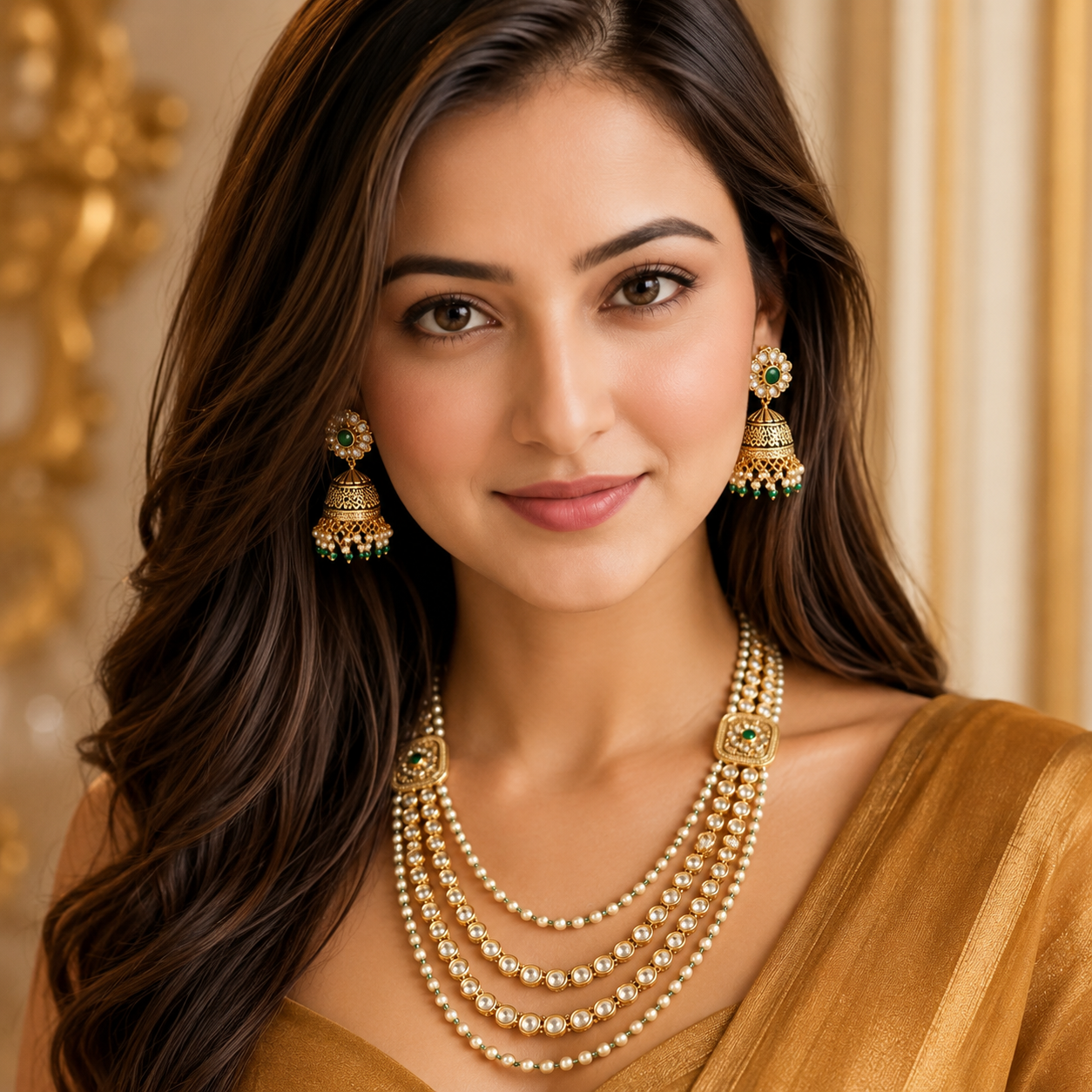 Rajvalli Diamond Multi Strand Long Necklace Set with jhumka earrings