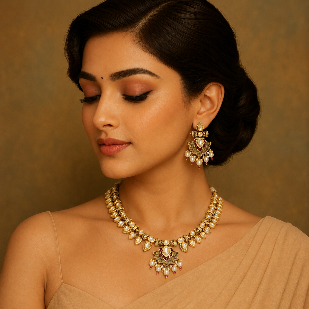 Model wearing Rajvanya gold stone necklace set with matching traditional earrings