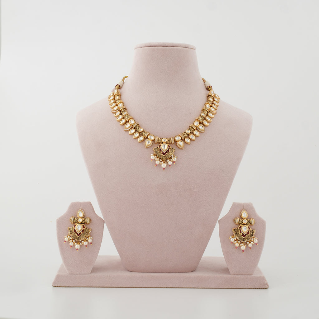 Rajvanya gold-tone artificial necklace set with clear diamond-look stones and matching earrings